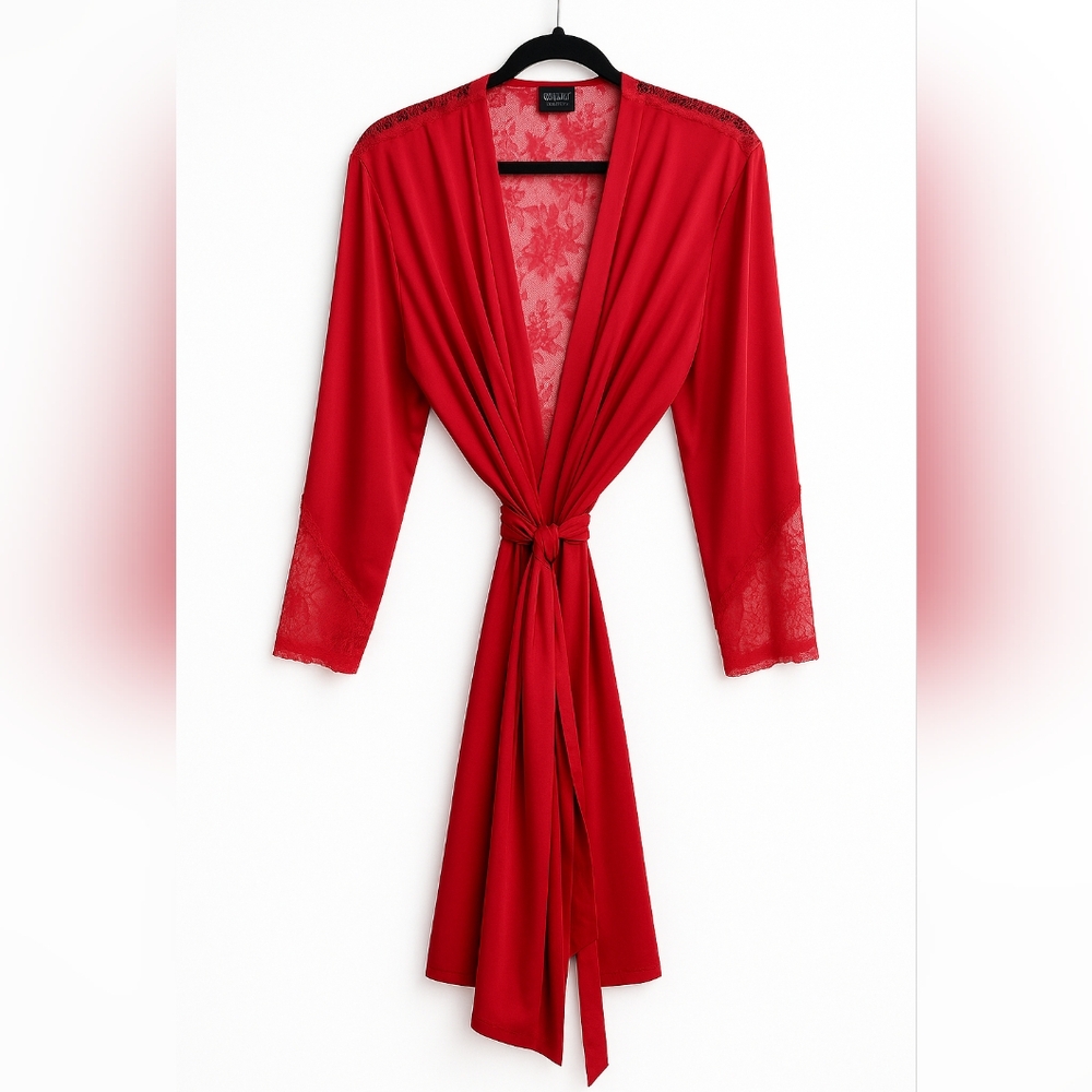 Victoria’s Secret Red Satin Lace-Trim Robe M/L